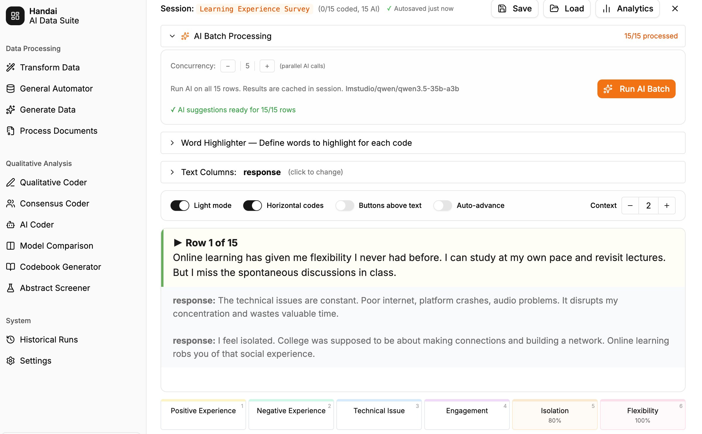 Handai AI Coder interface with qualitative coding workspace
