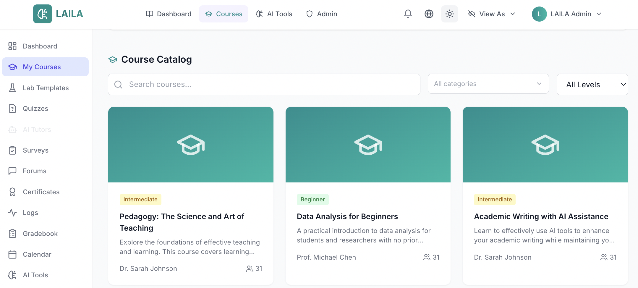 LAILA course catalog with three courses
