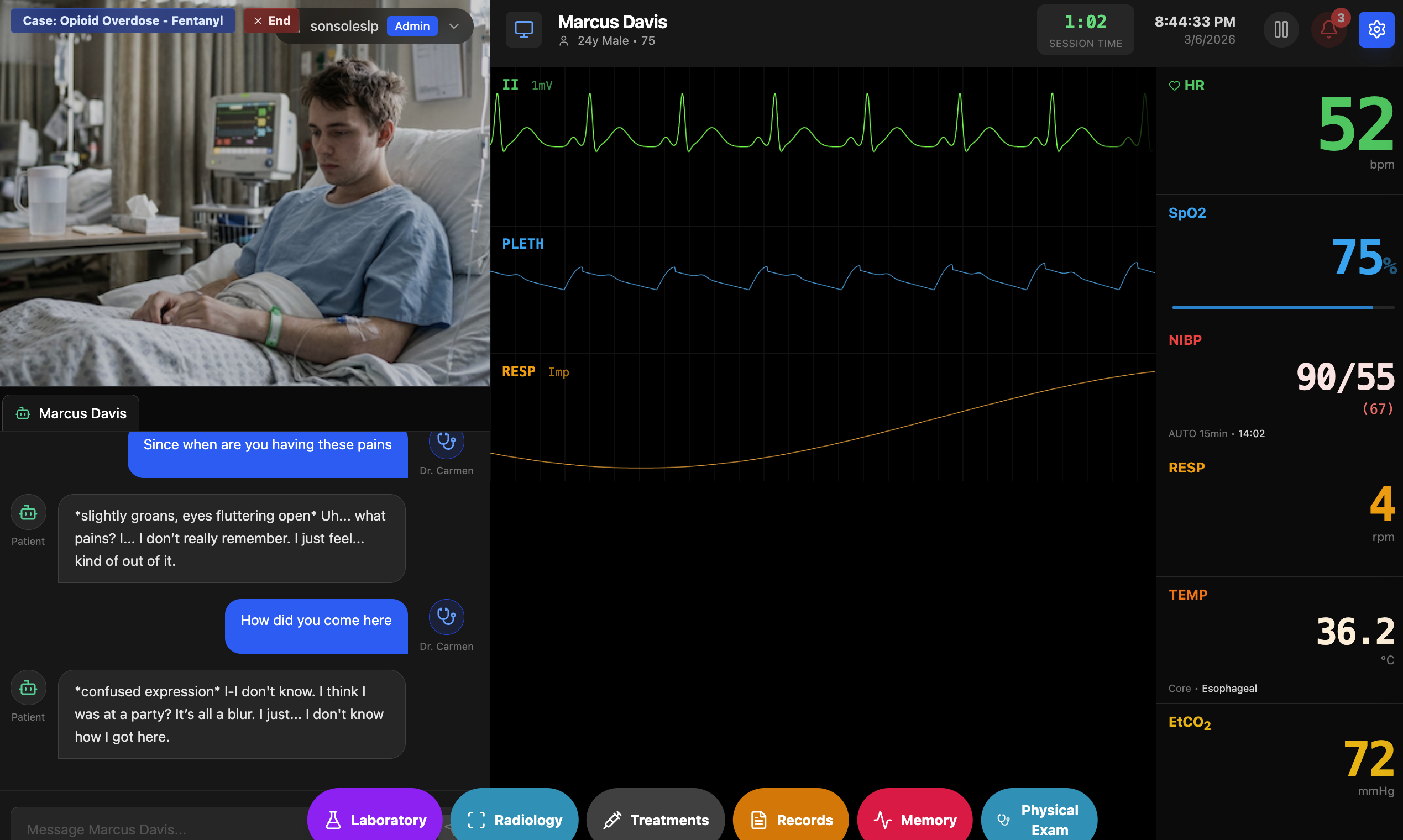 Opioid overdose case with AI patient conversation and real-time monitor