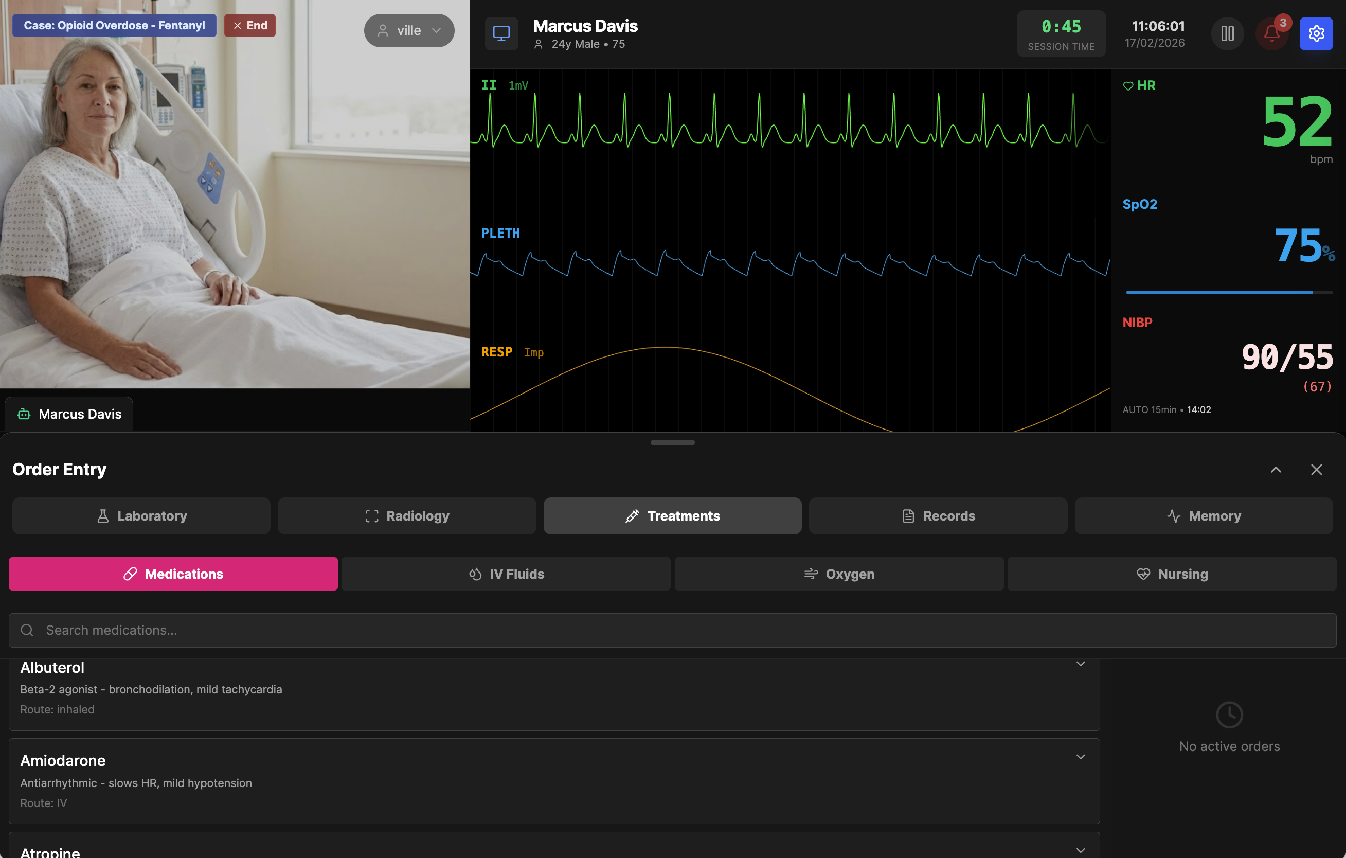 Treatment ordering interface with medications, IV fluids, oxygen, and nursing orders